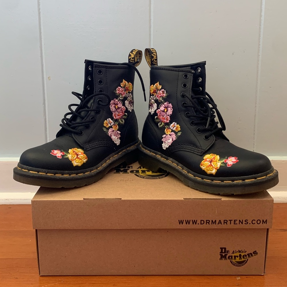 Dr. Martens Unique Flower Embroidered Black Leather High Top Boots